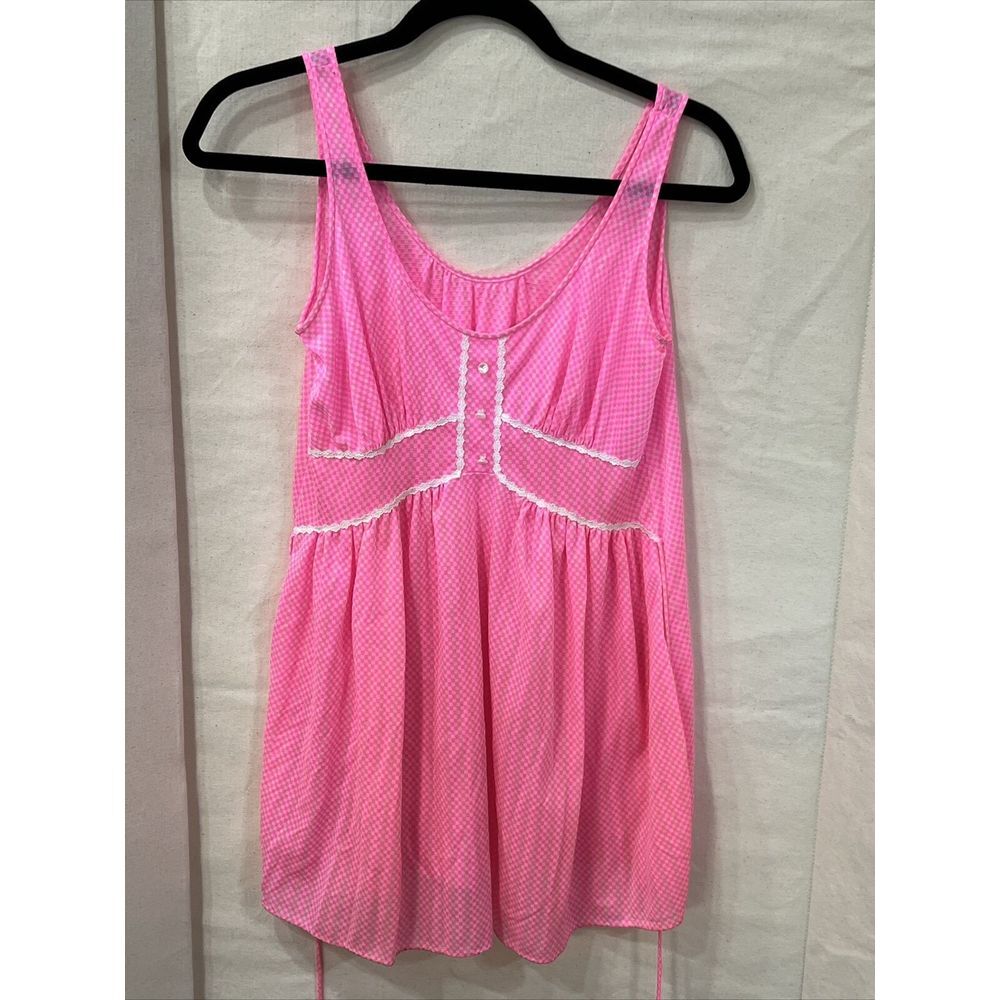 Vintage Kayser Nightgown Pink Check Lace Womens Sissy Tie Back Pajamas USA‎